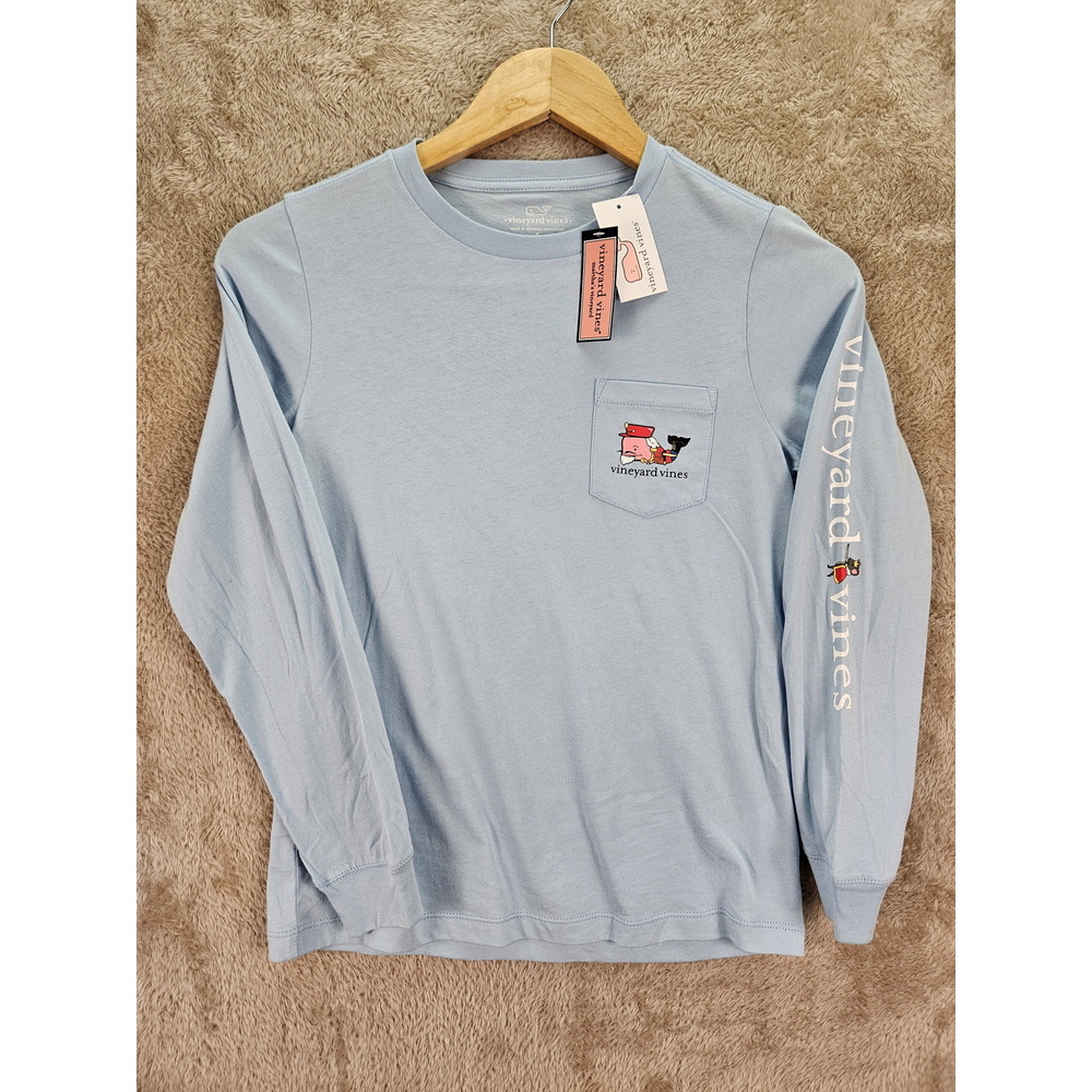 Vineyard Vines Long-Sleeve Flag Whale Pocket Tee Jake Blue Double-sided T-shirt